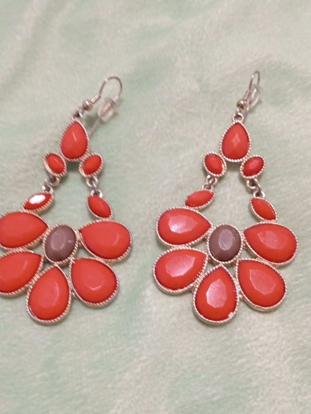 Coral Teardrop Flower Dangle Earrings - 2 Tone Statement Jewelry